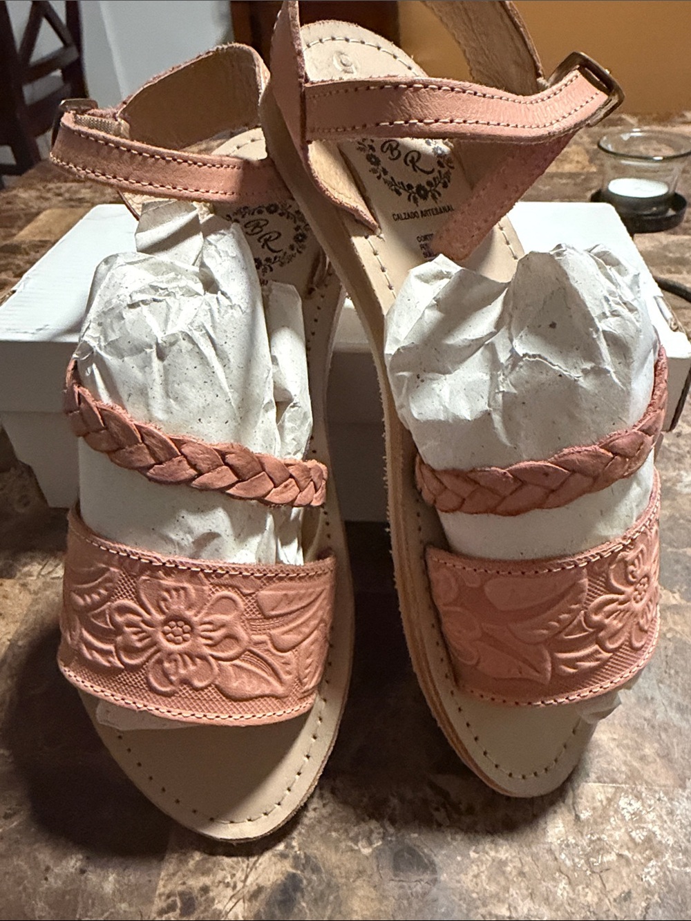 Women's Pink Braided Floral Leather Sandals